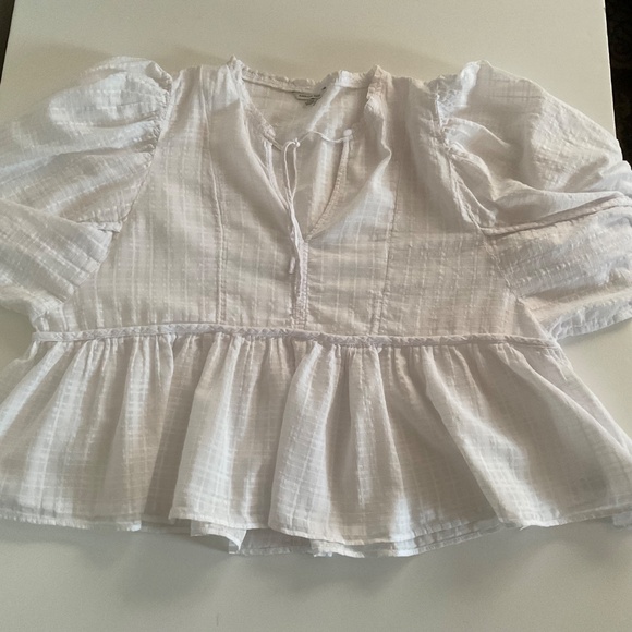 American Eagle Tie-Front Long Puff Sleeve Peasant Blouse XL White Boho Cottage - Picture 8 of 10